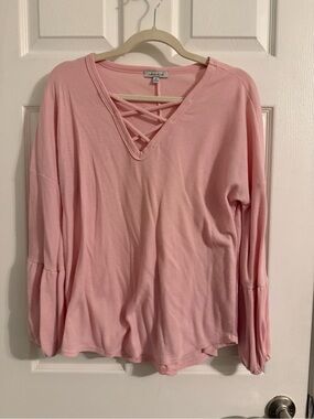 white birch Light Pink Ribbed Long-Sleeve V-Neck Top with Crisscross